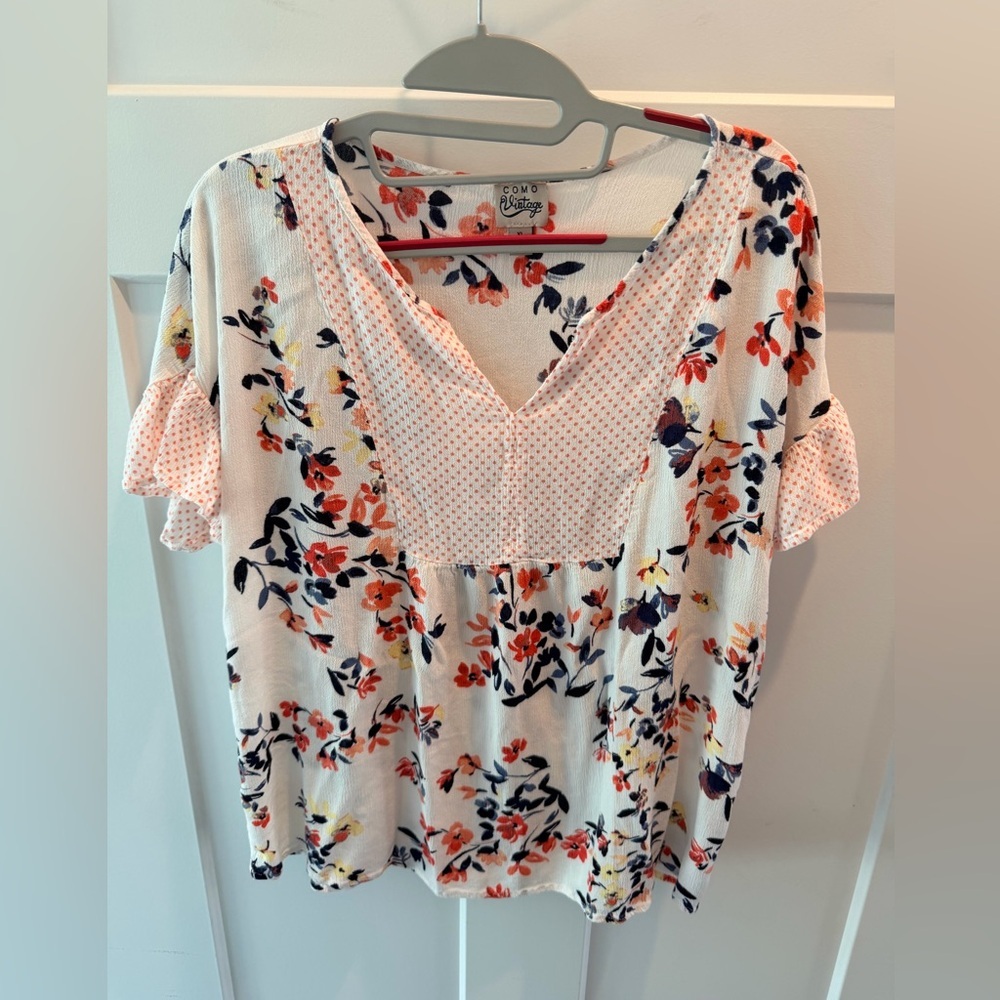 Como Vintage Floral Ruffle Sleeve Blouse XL Boho Top